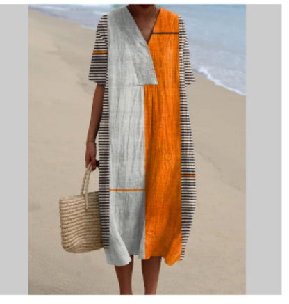 Rochie maxi Cristina din bumbac și in, cu decolteu în V