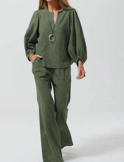 Set Cristina din bumbac și in - Pantaloni eleganți cu croială dreaptă