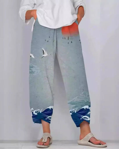Pantaloni artistici din in cu model 3D Cristina Gore