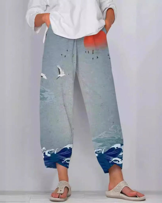 Pantaloni artistici din in cu model 3D Cristina Gore