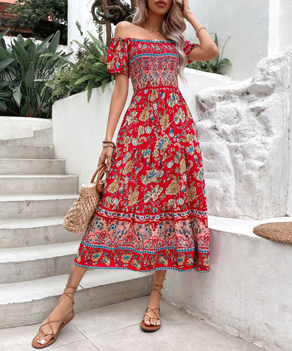 Rochie midi cu umeri goi, cu imprimeu floral boho, Cristina Gore