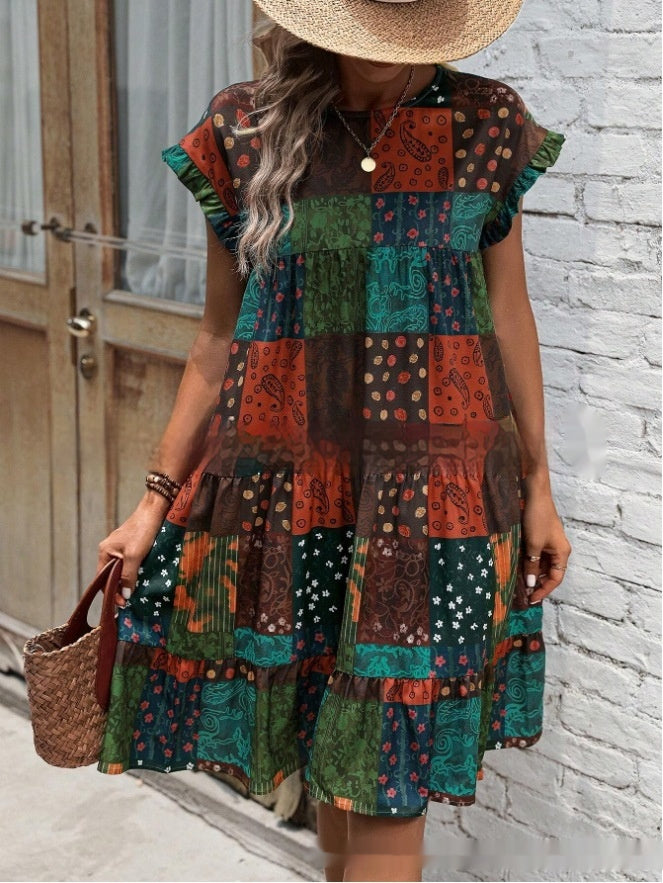 Rochie midi de vară Cristina Gore cu model boho și imprimeu petic