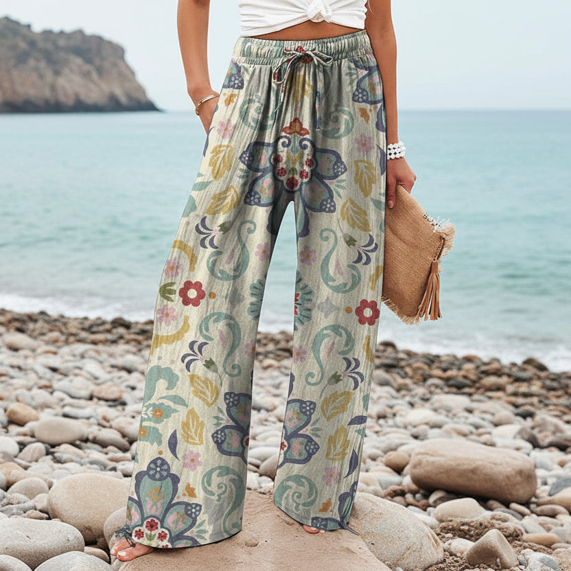 Pantaloni largi pentru femei cu imprimeu boho botanic Cristina Gore