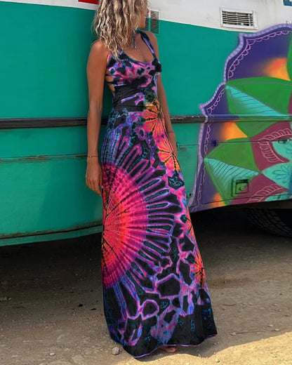 Rochie maxi Cristina Gore cu imprimeu geometric vibrant și spate gol