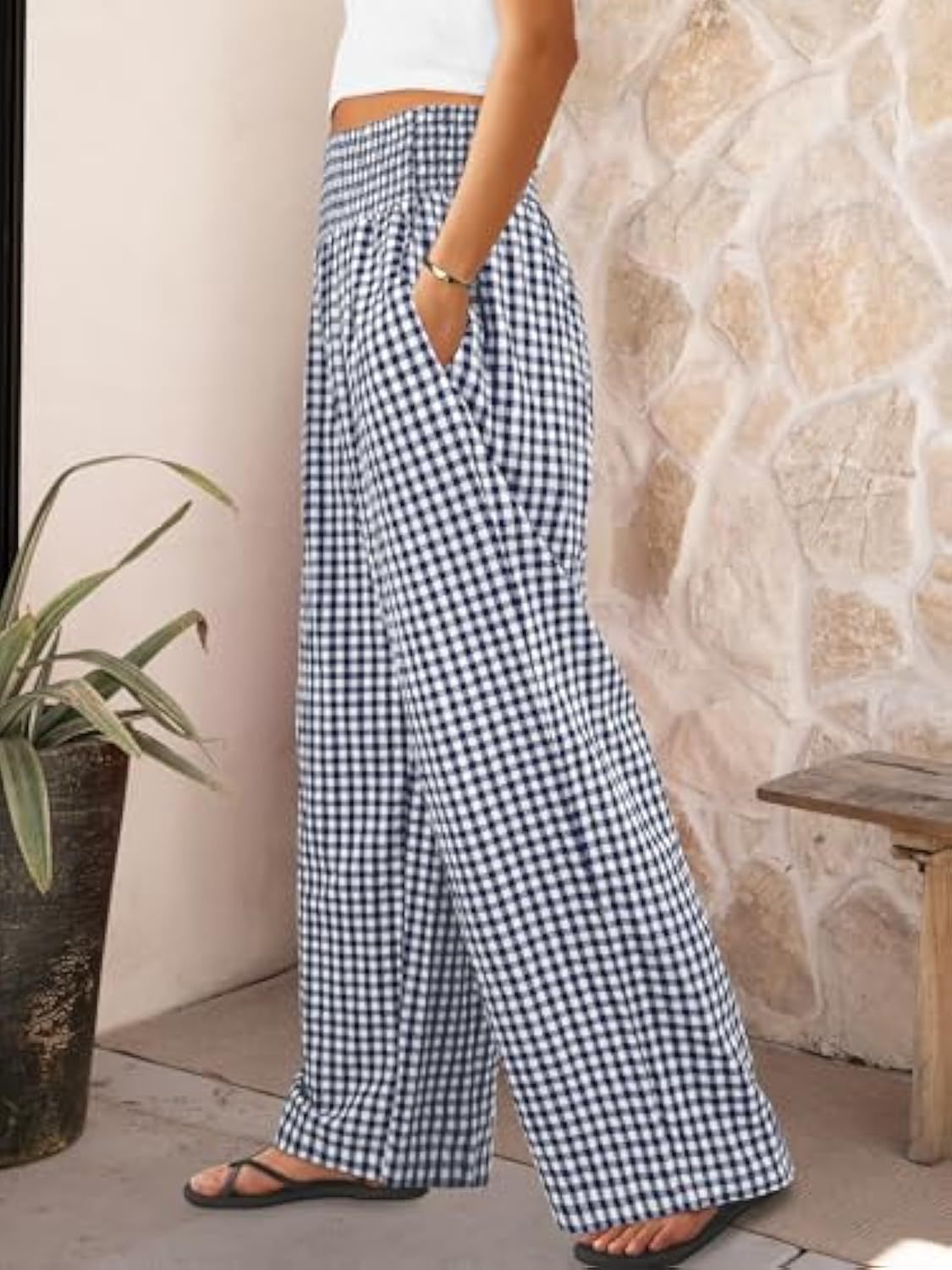 Pantaloni sport în carouri, casual, lejeri, la modă, cu picior larg, cu buzunare