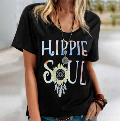 Tricou Hippie Soul Cristina Gore cu guler rotund și imprimeu floral