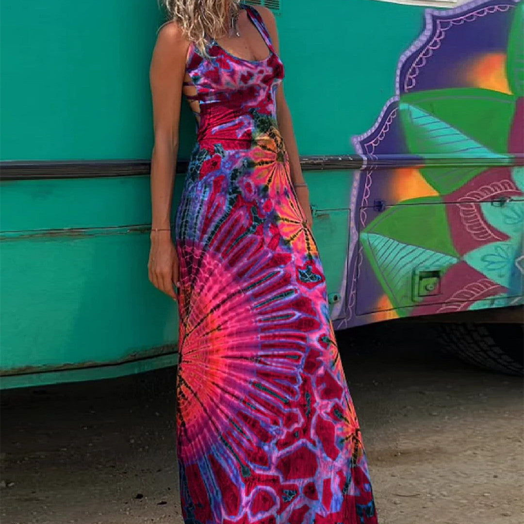 Vibrant Geometric Cristina Gore Backless Maxi Dress