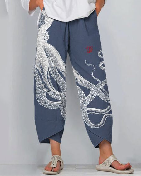 Pantaloni artistici din in cu model 3D Cristina Gore