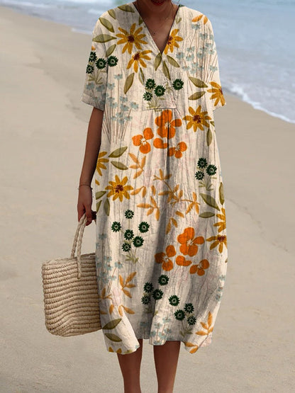 Rochie midi Cristina cu imprimeu floral - imprimeu 3D, mâneci scurte