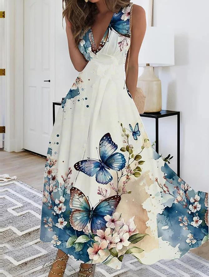 Rochie Cristina fără mâneci - Imprimeu floral artistic