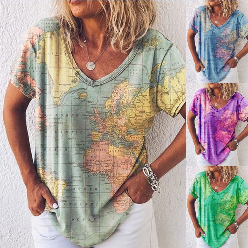 Map Print Cristina Gore V-Neck Everyday Top