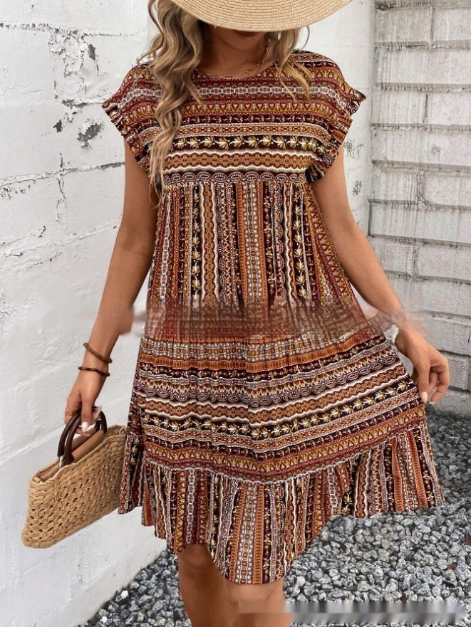 Rochie midi de vară Cristina Gore cu model boho și imprimeu petic