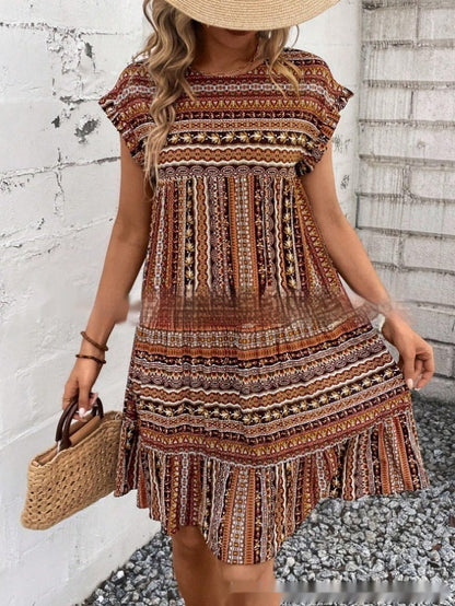 Rochie midi de vară Cristina Gore cu model boho și imprimeu petic