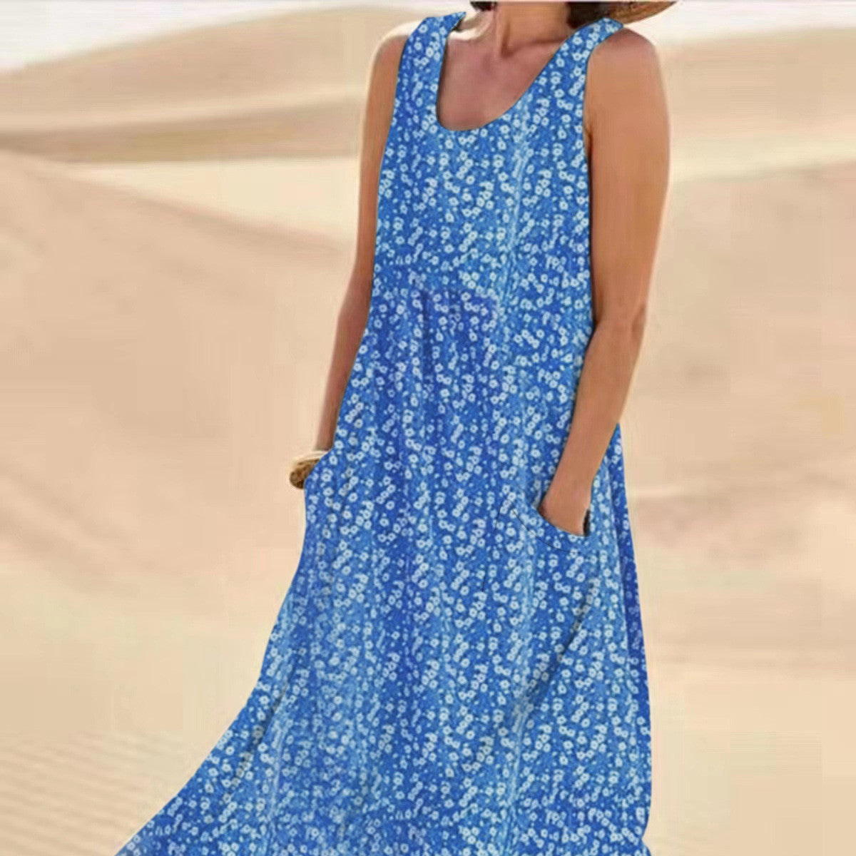 Rochie trapez florală Cristina - Fără mâneci cu buzunare