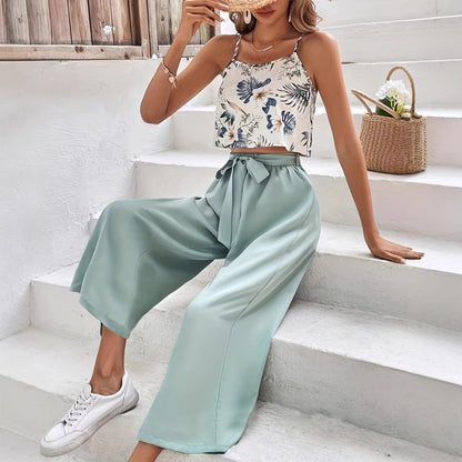 Set de bluză casual cu imprimeu și pantaloni cu nod în față pentru femei