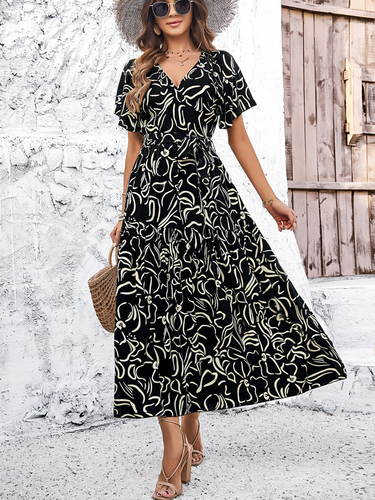 Rochie midi elegantă cu mânecă scurtă și model geometric Cristina Gore