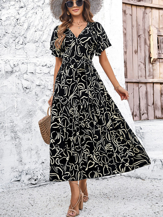 Rochie midi elegantă cu mânecă scurtă și model geometric Cristina Gore