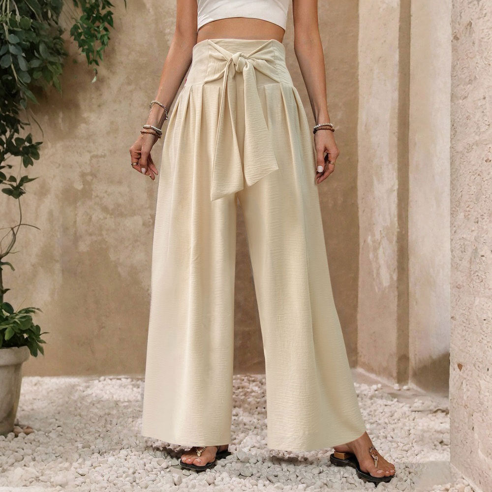 Pantaloni largi, cu talie înaltă, cu noduri în față, din material casual, drapați, de culoare uni, pentru femei