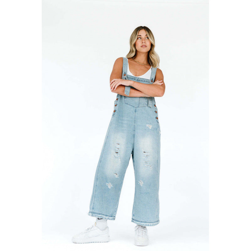 Pantaloni Cristina din denim cu bretele - Stil retro cu picioare late