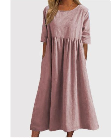 Rochie Cristina din bumbac și in cu buzunare - Model cu mânecă scurtă