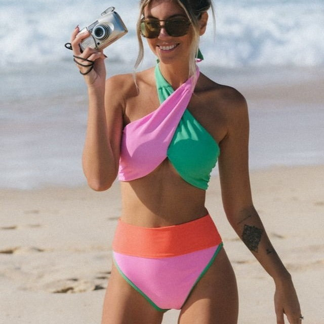 Costume de baie Cristina Color Block - talie înaltă și spate încrucișat