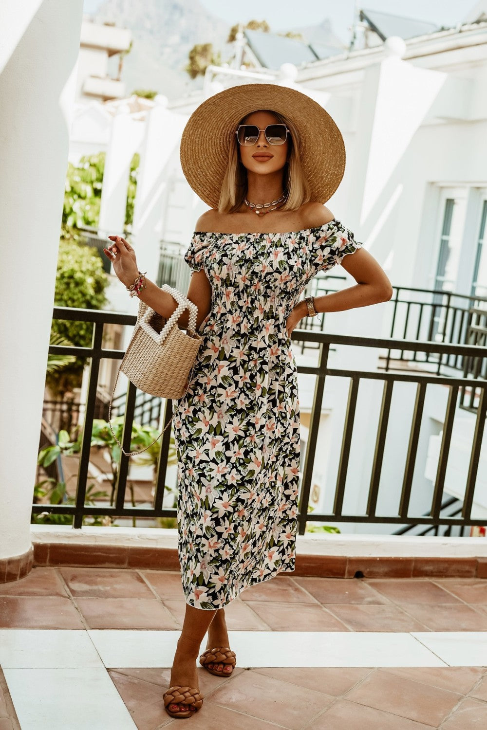 Rochie de vară cu imprimeu boho, cu umeri goi, Cristina Gore