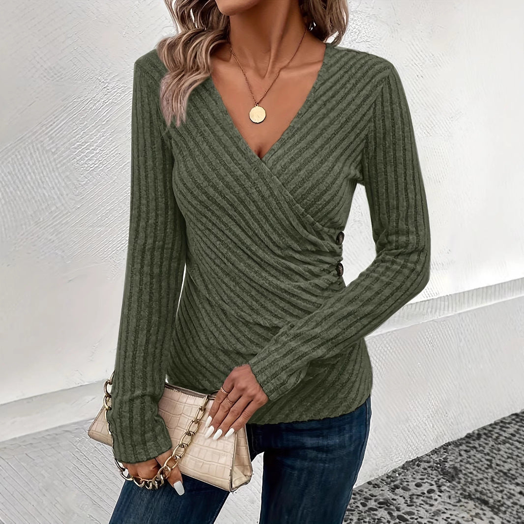 Top Cristina cu decolteu în V și nervuri - Croială mulată - Mâneci lungi