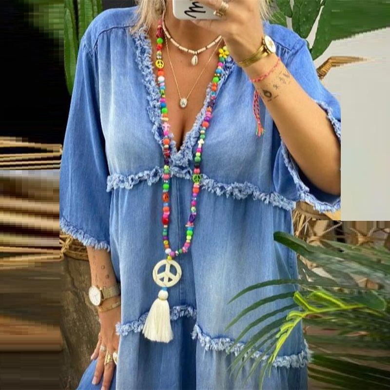 Rochie trapez boemă Cristina - Inspirație imprimeu albastru