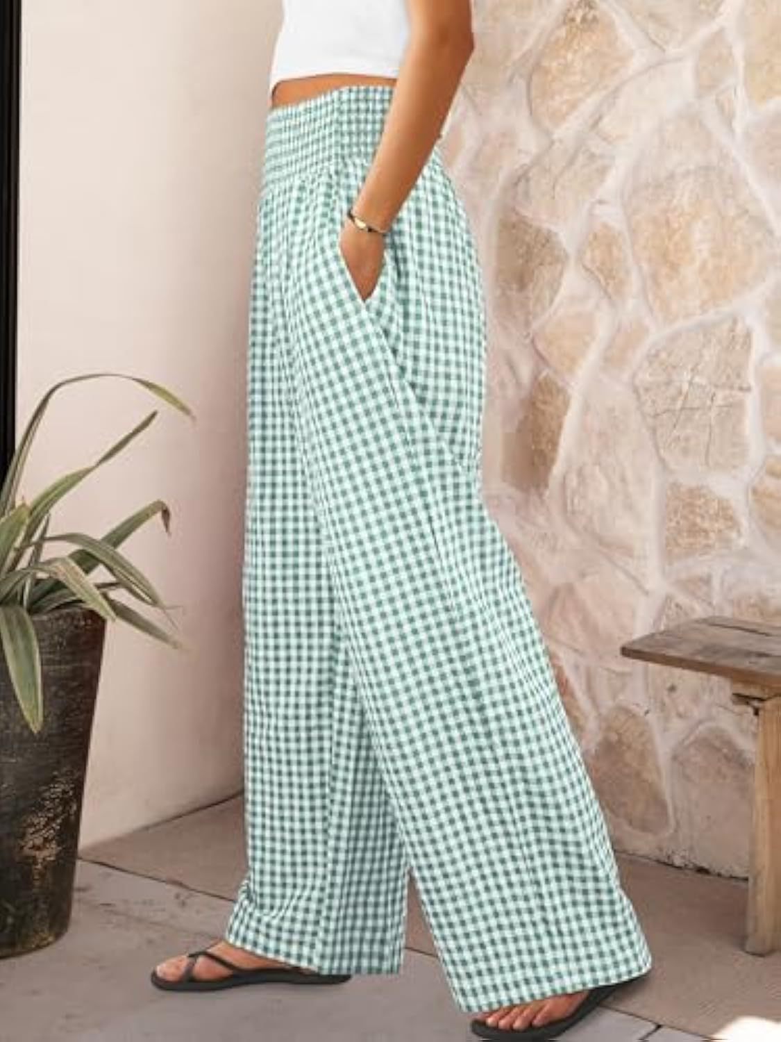 Pantaloni sport în carouri, casual, lejeri, la modă, cu picior larg, cu buzunare