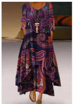 Rochie maxi cu imprimeu Cristina - Tiv și mâneci asimetrice