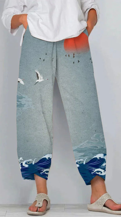 Pantaloni artistici din in cu model 3D Cristina Gore