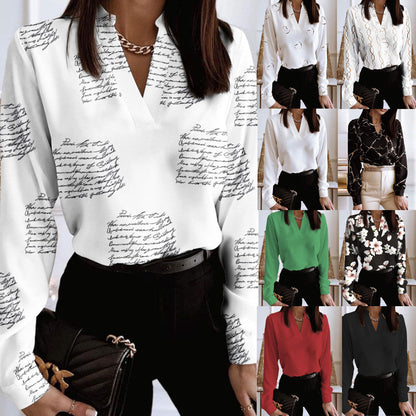 Printed V-Neck Long Sleeve Shirt by Cristina Gore