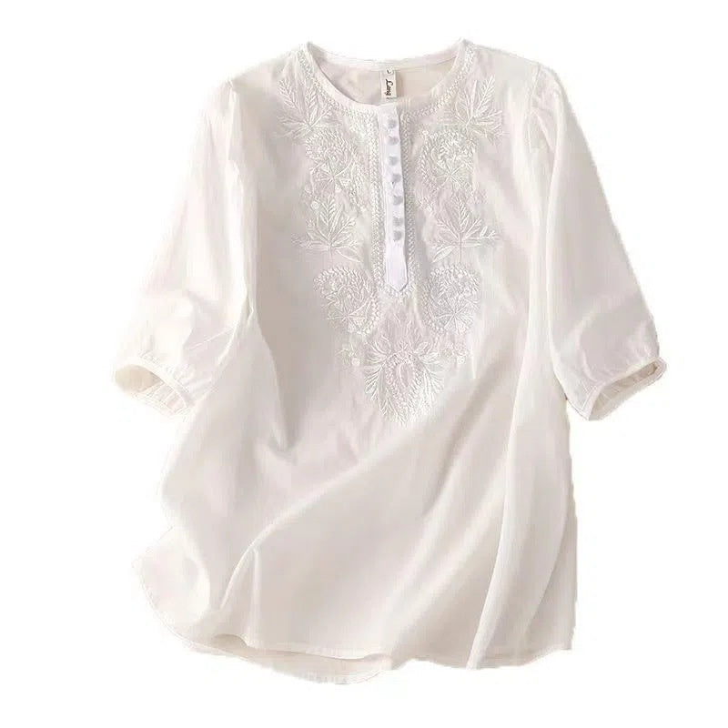 Top din in brodat Cristina - Decolteu rotund vintage