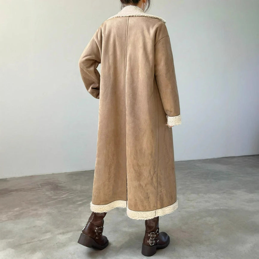 Palton lung din catifea și blană Cristina - Inspirație kaki