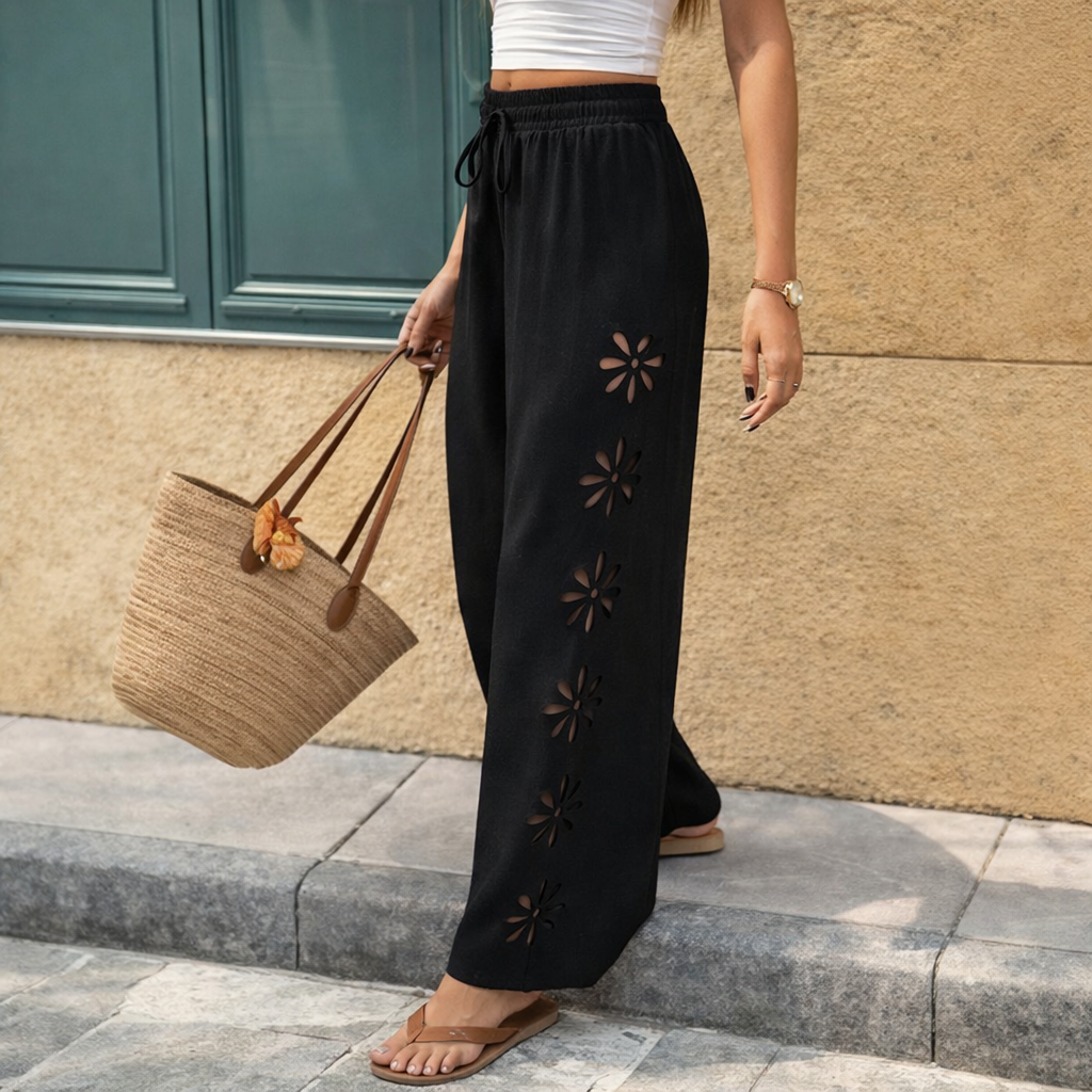 Pantaloni eleganti cu decupaj floral Cristina Gore și șnur