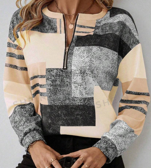 Pulover Cristina cu fermoar pe jumătate, model geometric - imprimat 3D