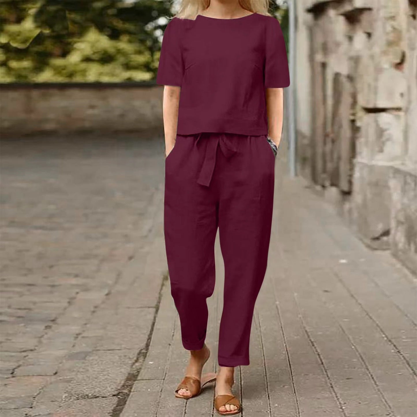 Costum cu pantaloni Cristina din in, cu picior larg - Eleganță casuală