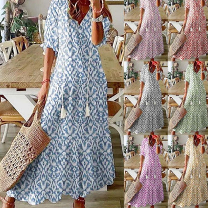 Rochie maxi Cristina cu imprimeu boem - mâneci 3/4 și decolteu în V