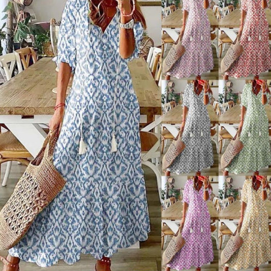 Rochie maxi Cristina cu imprimeu boem - mâneci 3/4 și decolteu în V