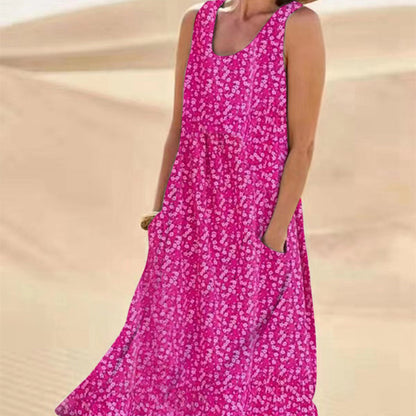 Rochie trapez florală Cristina - Fără mâneci cu buzunare